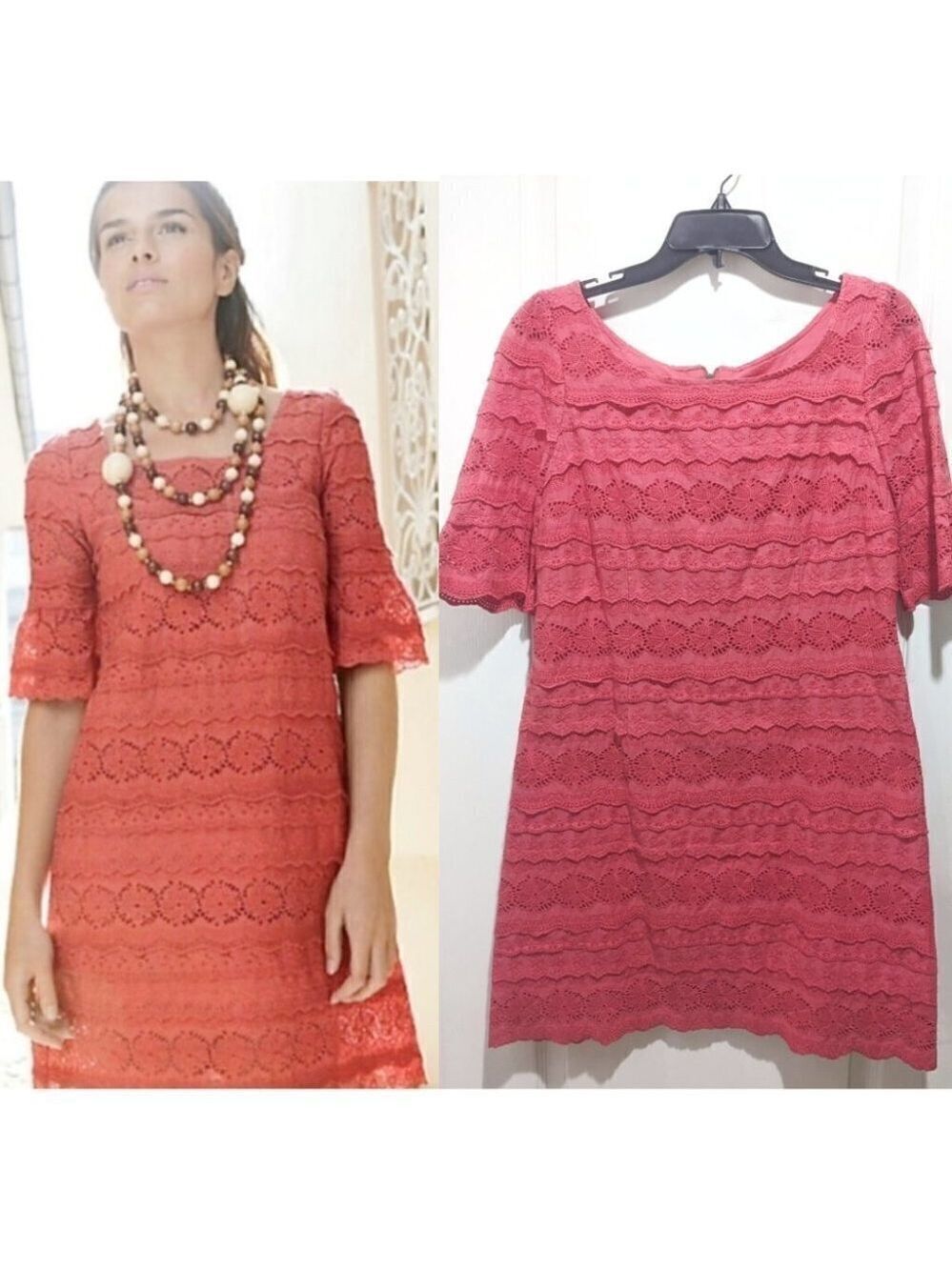 ANTHROPOLOGIE Moulinette Soeurs | Dazzling Lights Lace Shift Dress in Dark Coral